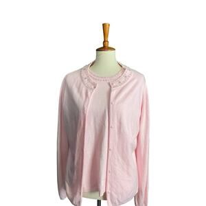 Vintage Jacklyn Smith Cardigan Sweater Set Size L Pink Jeweled Neckline Coquette
